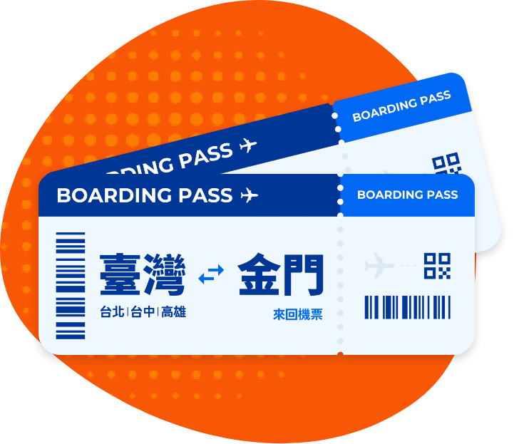 台灣（台北、台中、高雄擇一）,到金門來回機票2張